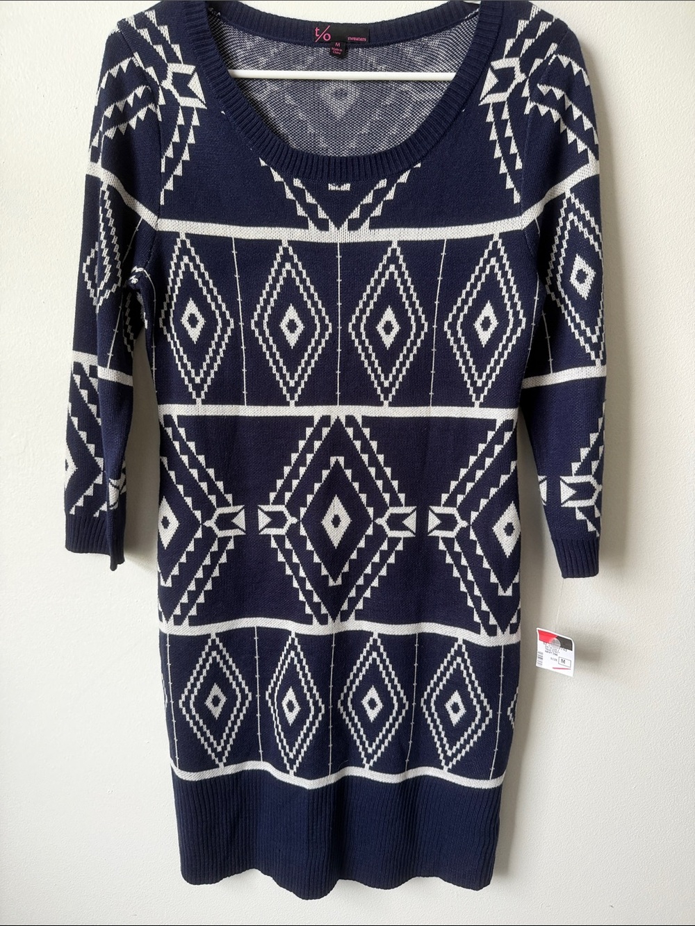 t/o Navy and White Geometric Long Sleeve Sweater Dress SZ M
